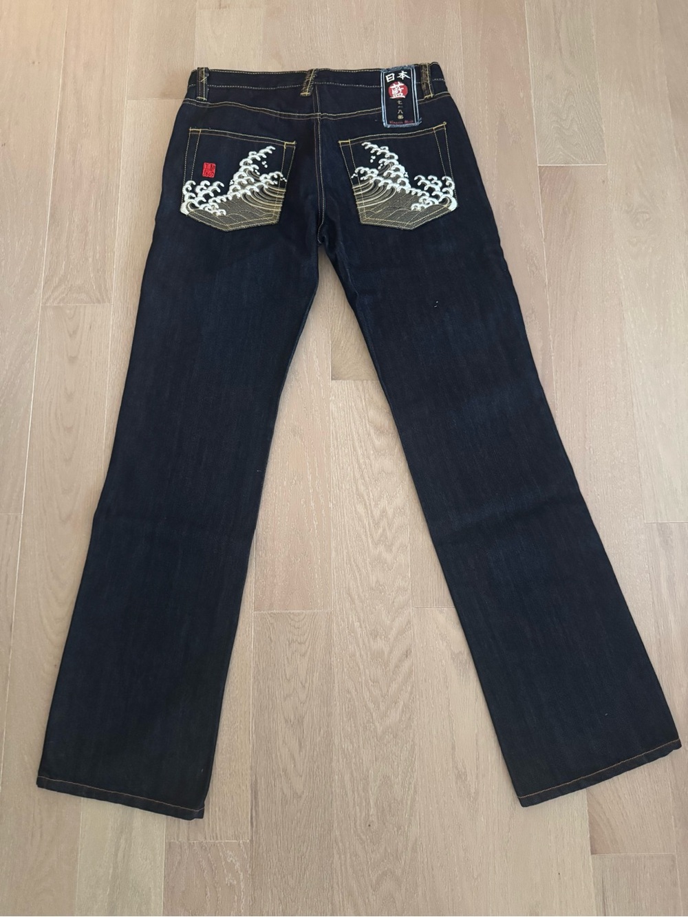 Men's Dark Blue Slim-Straight Jeans with Wave Embroidery
